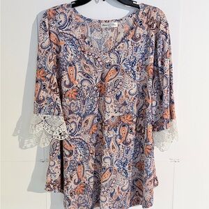 Stem & Vine Blue, Orange & Black Paisley Blouse with Lace Cuffs